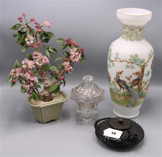 Glass vase, Chinese teapot, hardstone tree & glass pot